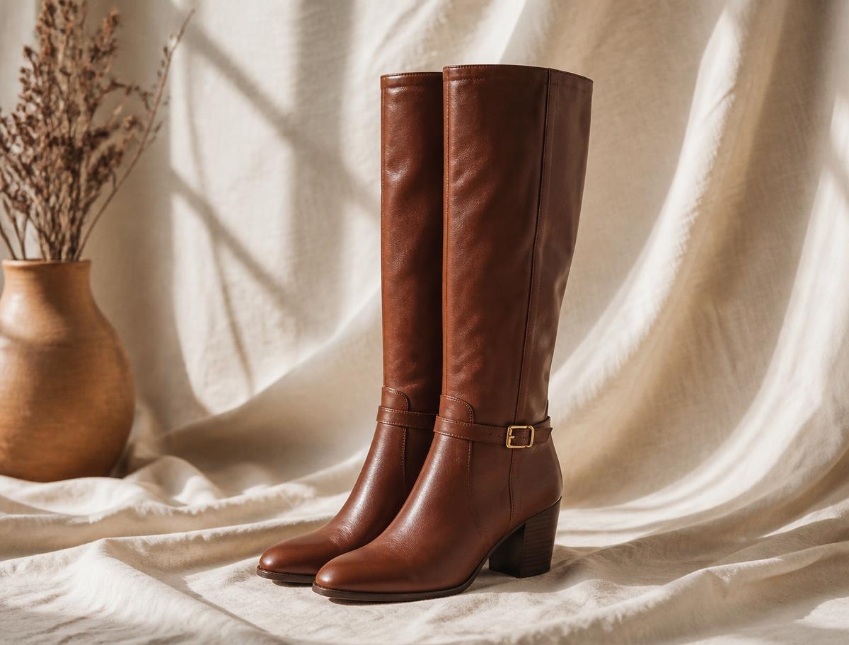 Pair of women's tall brown leather dress boots on cream linen