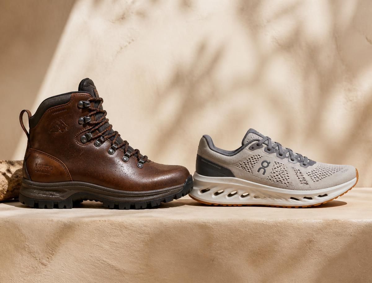 Brown waterproof leather hiking boot beside a grey cushioned running shoe