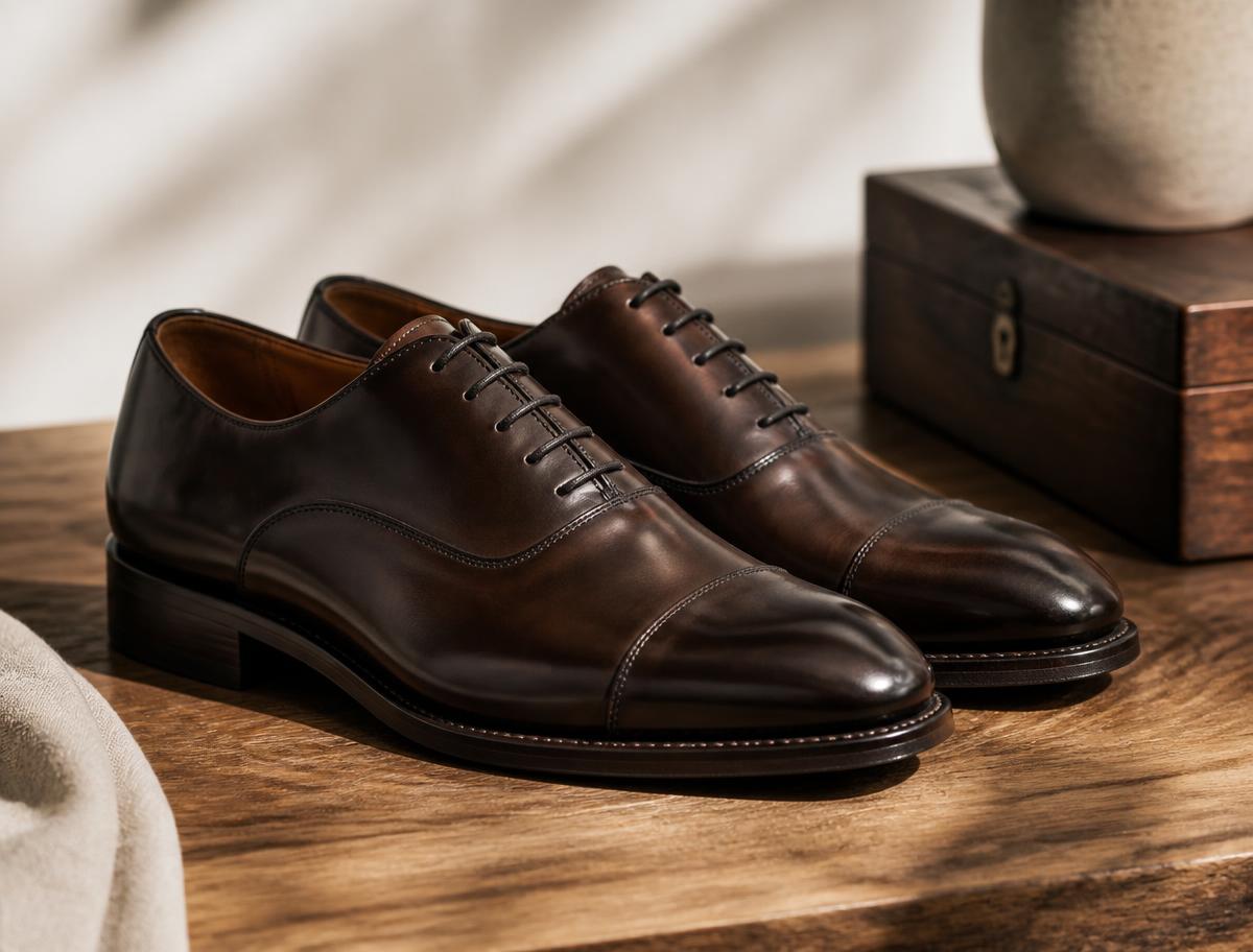 Polished dark brown men's leather cap-toe oxford dress shoes on a wooden surface