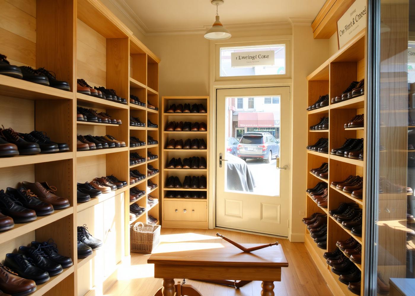 Inside Ovation Shoes: wooden shelving lined with leather shoes and a fitting bench